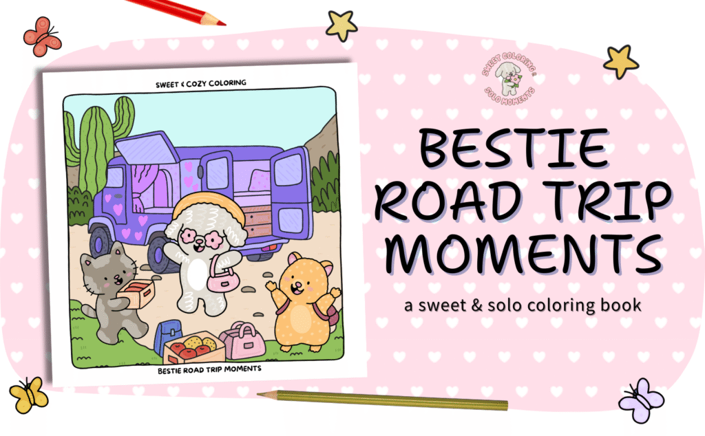 Bestie-Road-Trip-Moments-coloring-book-cover-Sweet-and-Solo-cute-animal-friends-camping-RV-adventure-travel