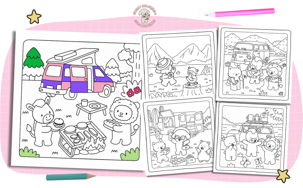 Bestie-Road-Trip-Moments-sample-coloring-pages-cute-animals-camping-RV-mountain-adventures-travel-friendship