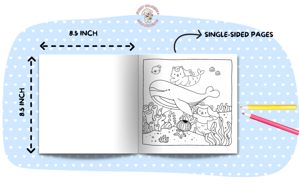 Sweet-Mermaid-Moments-coloring-book-specifications-8.5-inch-single-sided-pages-whale-underwater-scene-premium-quality