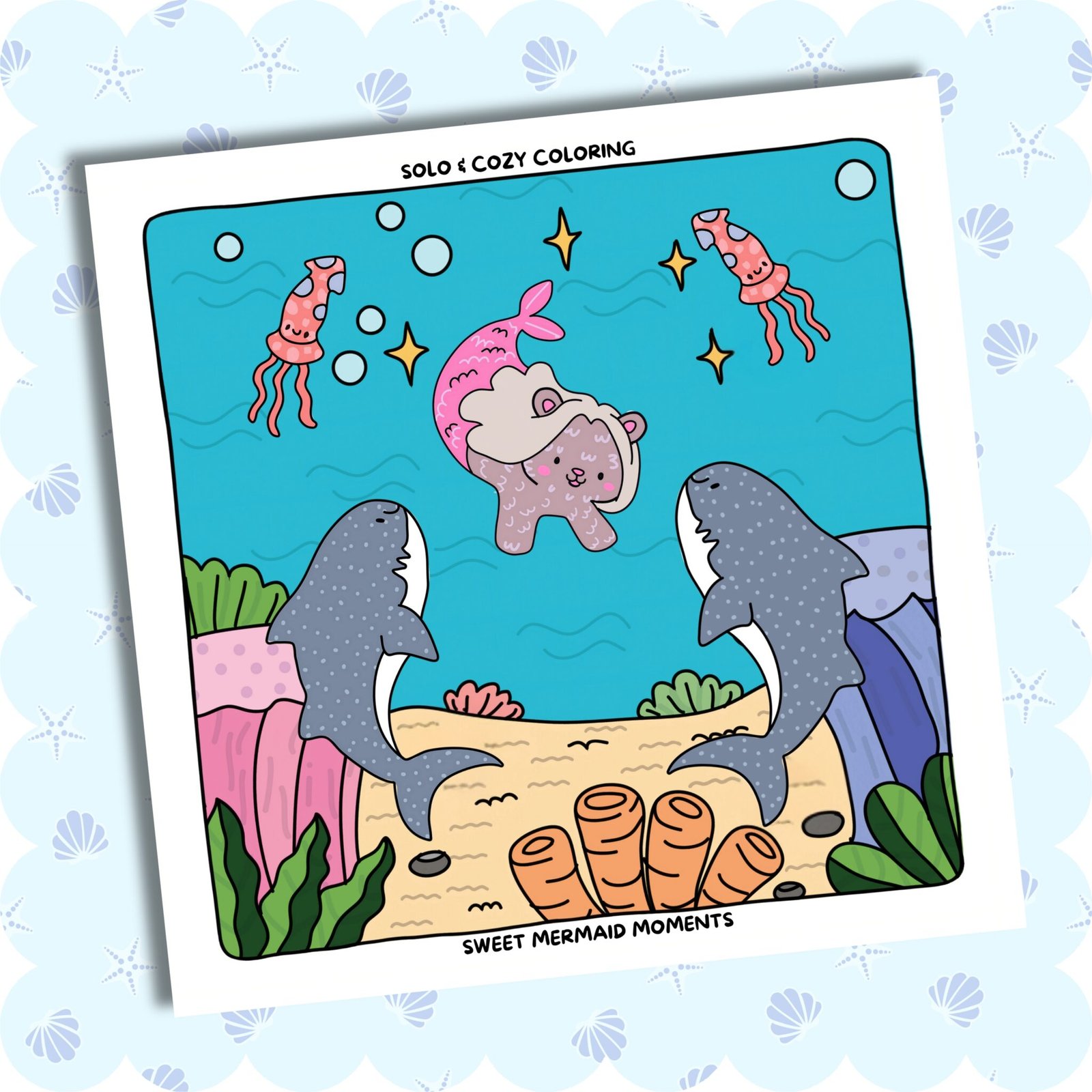 Sweet-Mermaid-Moments-coloring-book-cover-Sweet-and-Solo-underwater-ocean-scenes-cute-animal-mermaids-sharks-coral-jellyfish
