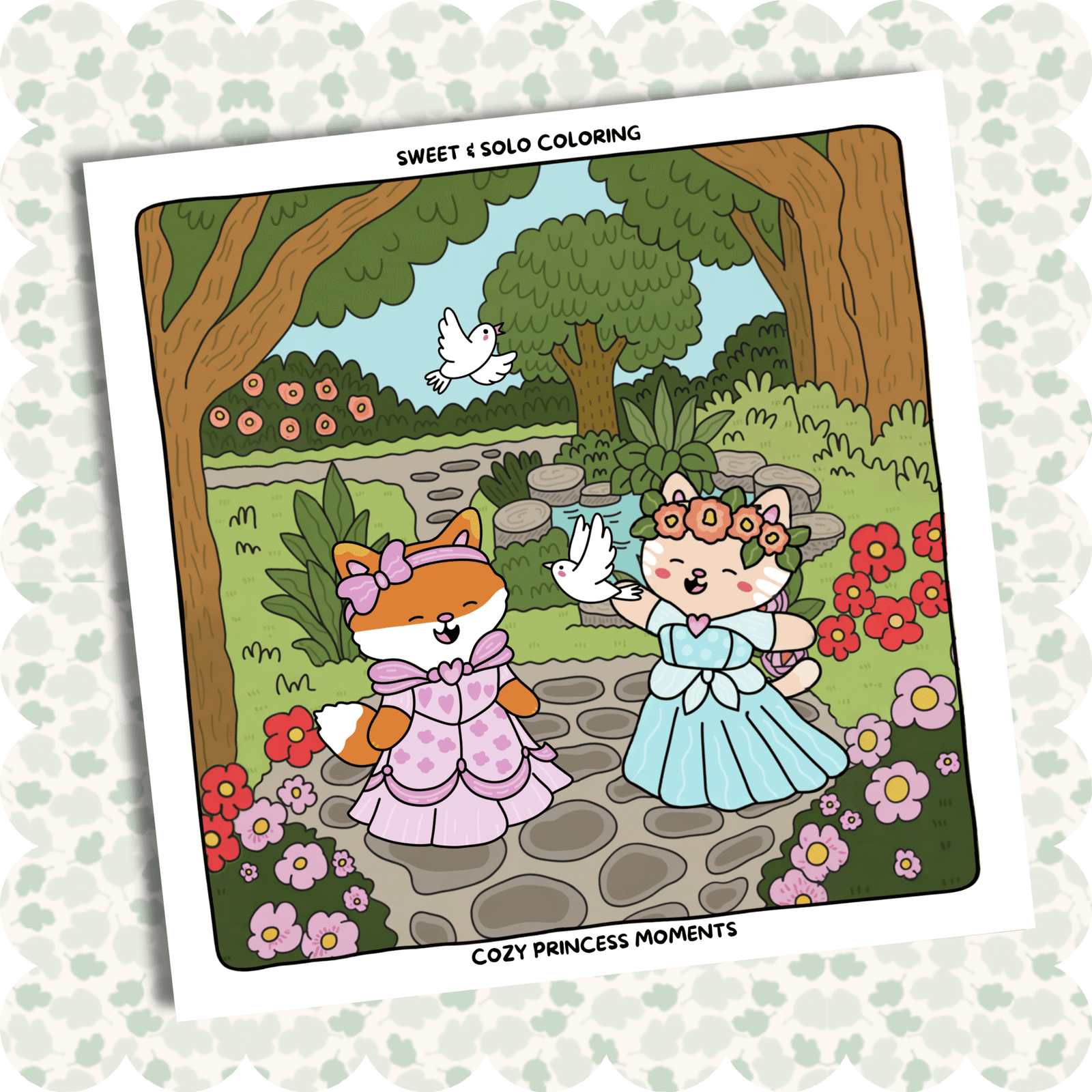princess-coloring-page-fox-bear-animal-friends-castle-garden-path-easy-design