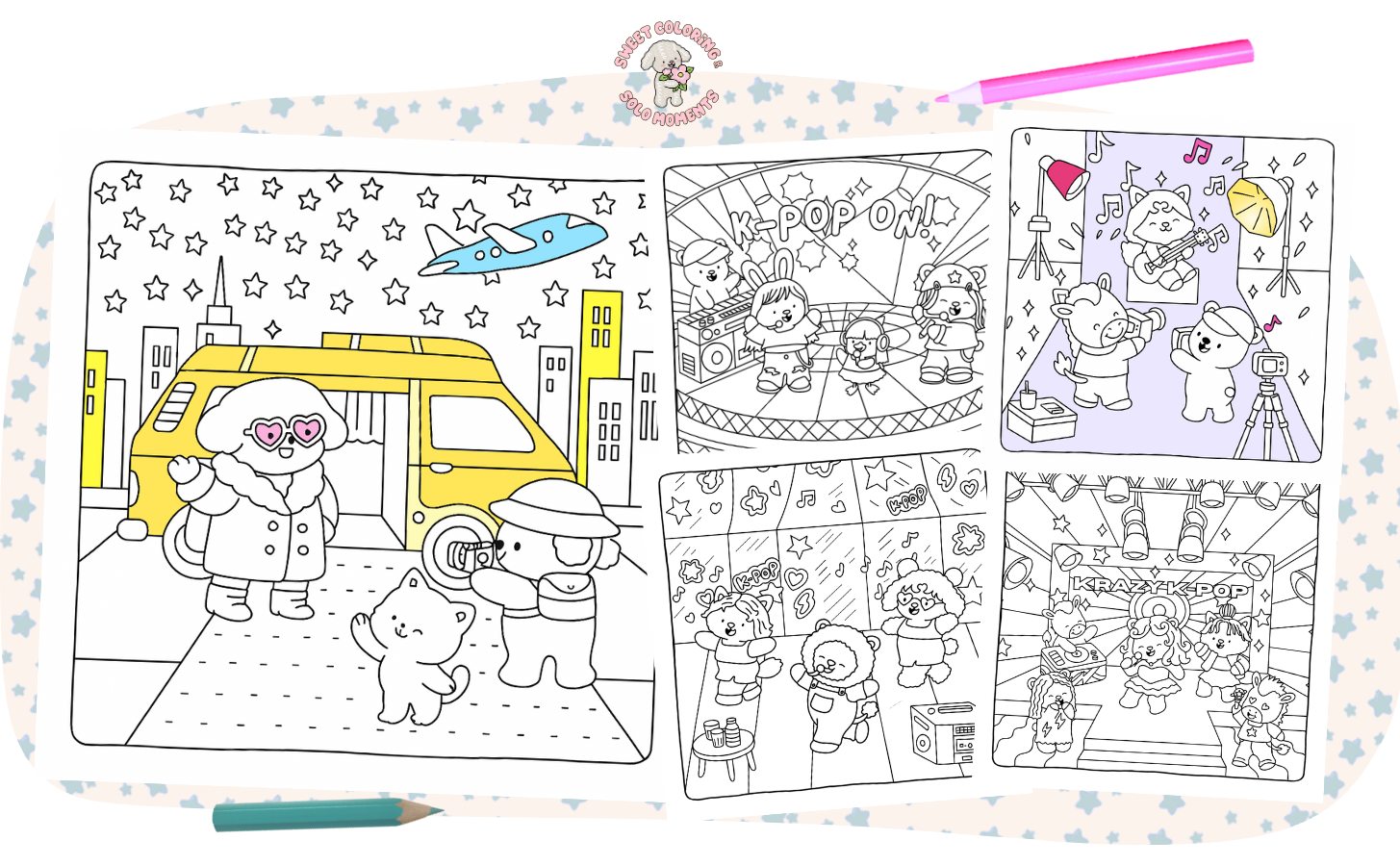 cozy-kpop-friends-coloring-book-sample-pages-airport-fashion-concert-stage-backstage-recording-studio-cute-animal-idols
