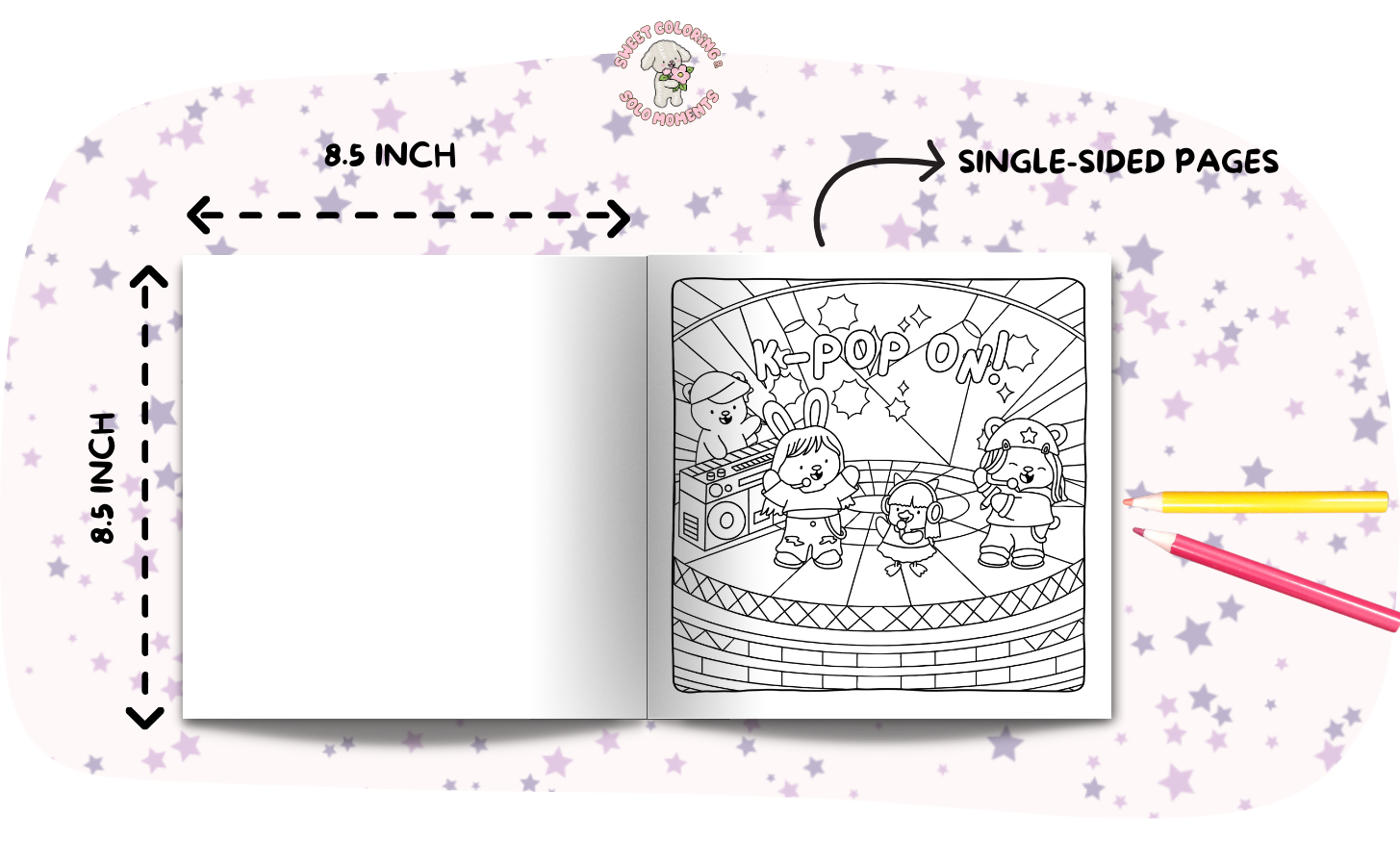 cozy-kpop-friends-coloring-book-8.5-inch-single-sided-pages-concert-stage-cute-animal-idols-specifications