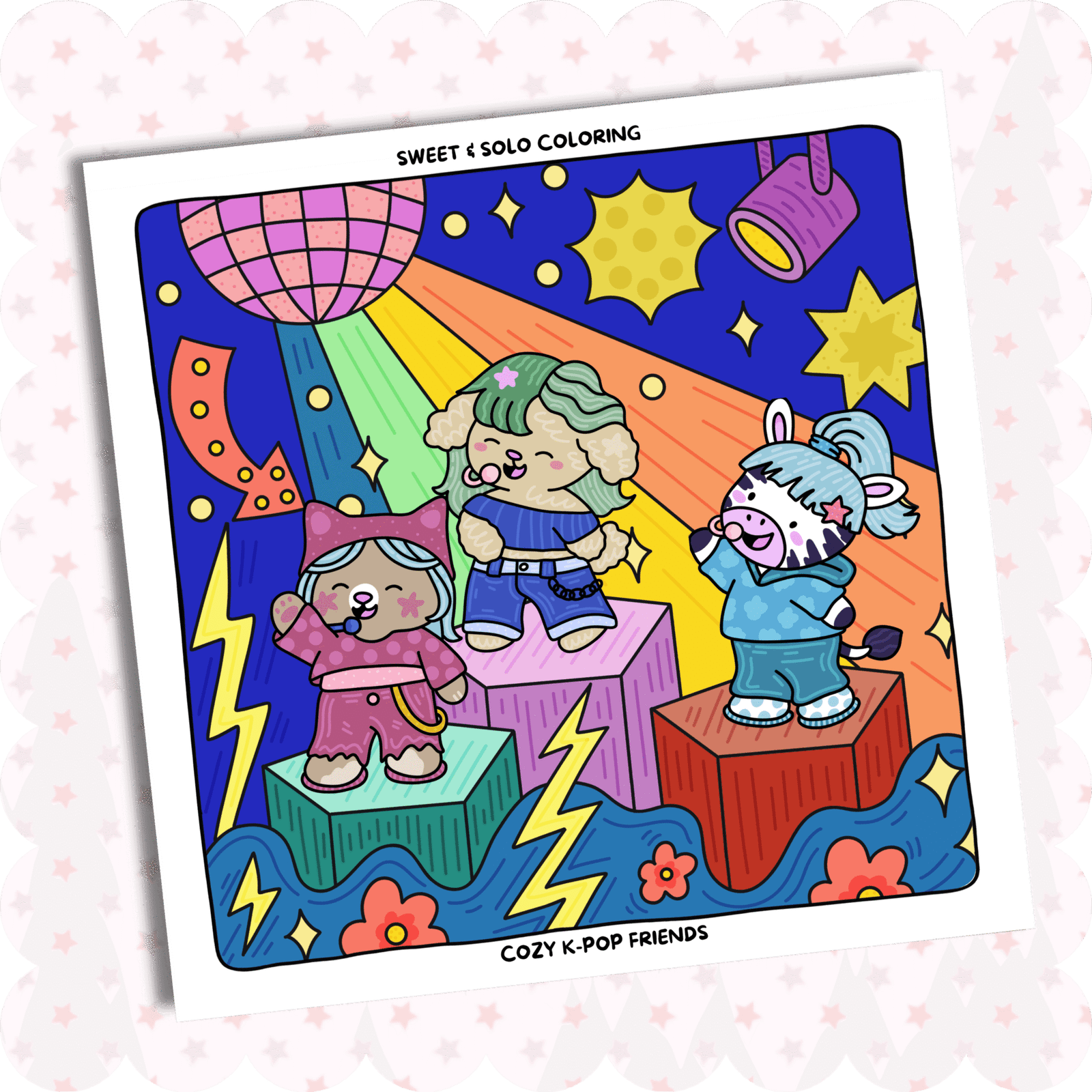 cozy-kpop-friends-coloring-book-finished-colored-page-cute-animal-idols-concert-stage-disco-ball-rainbow-spotlight